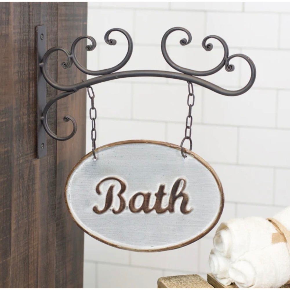 Rustic Metal Bath Hanging Sign Wrought Iron Scroll Wall Bracket Farmhouse Decor